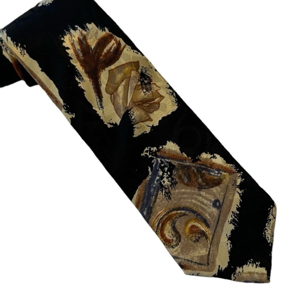 Lord & Taylor Tie 100% Silk Short 54” x 3.5” Handmade Necktie Black and Cream